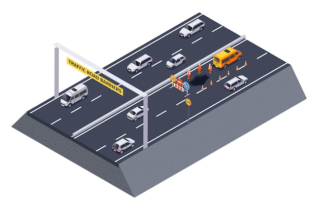 Free vector isometric traffic road barriers composition with isolated view of motorway section with maintenance workers traffic cones vector illustration