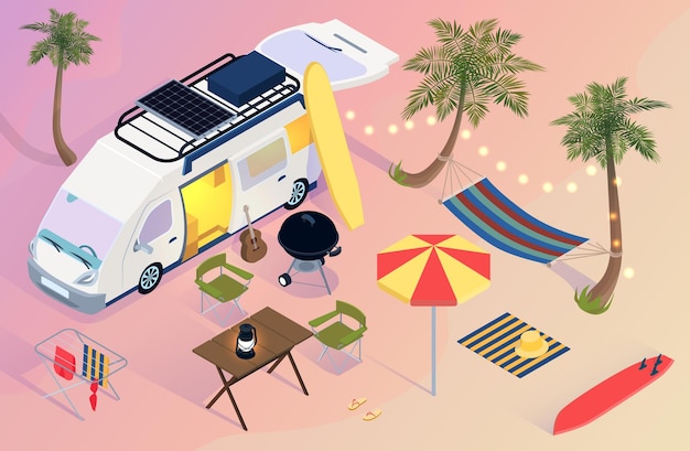 Isometric trailer park with van surfboard umbrella hammock palms on beach during sunset 3d