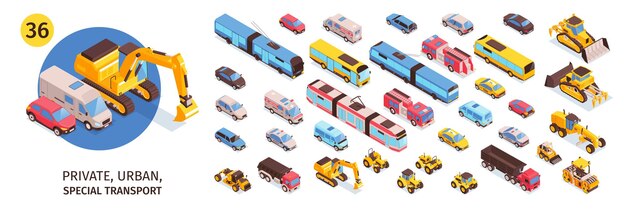 Free Vector isometric transport set with isolated icons of cars vans trucks and buses with trams abd bulldozers vector illustration