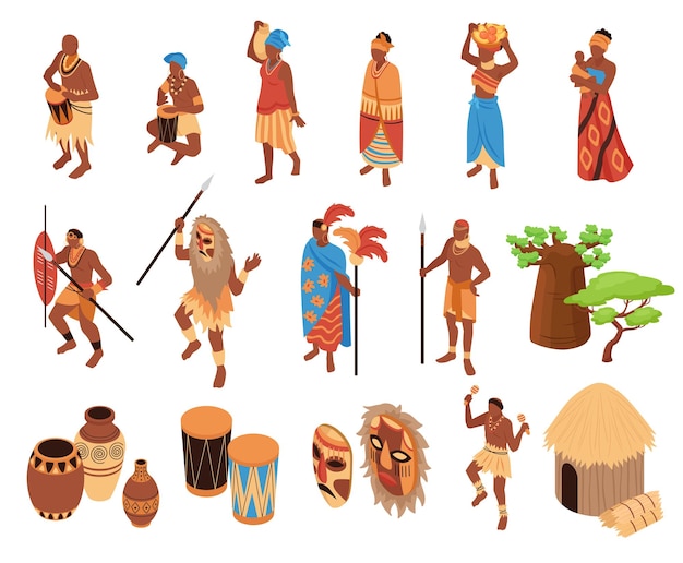 Free Vector isometric tribe ethnic african people set with isolated icons of black people with drums masks dwellings vector illustration