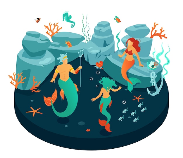 Free Vector isometric underwater world composition with isolated view of mermaid creatures having party with fishes sea stars vector illustration