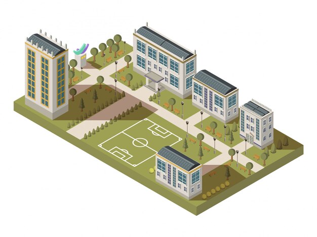 Isometric university big composition with campus yard lanes houses with shadows and football playgro