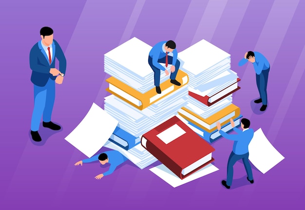 Free Vector isometric unorganized office work horizontal composition with human characters of office workers under piles of books