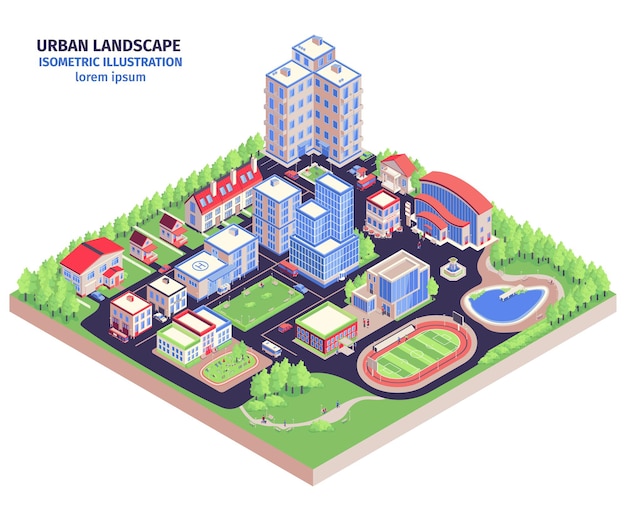 Free Vector isometric urban composition with modern city district landscape with low-rise buildings green zones and stadium  illustration