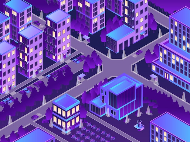 Free Vector isometric urban night illustration with night lights in the city illustration