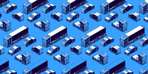 Isometric vehicles, trucks and cars isolated on blue background. Vector flat illustration with automobile traffic. Wallpaper with different transport, lorry, sedan and trailer