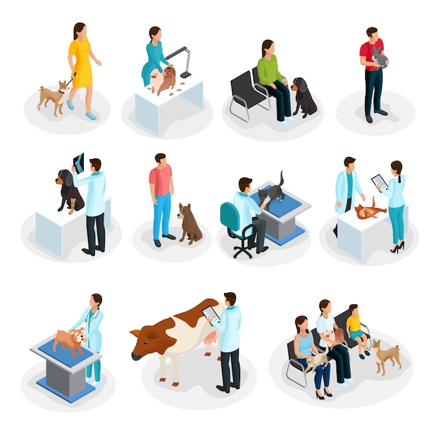 Isometric veterinary clinic set of people with their pets come to veterinarians for treatment isolated