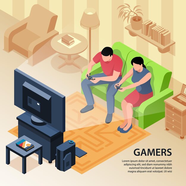 Isometric video game with text and domestic illustration