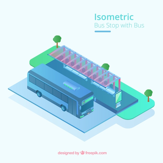 Isometric view of bus and bus stop with flat design