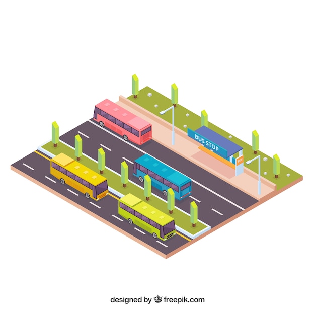 Isometric view of bus and bus stop with flat design