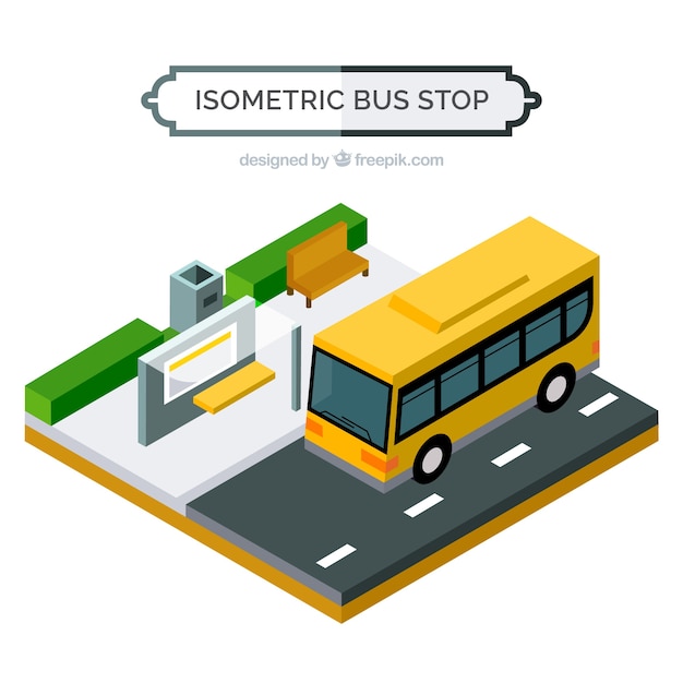 Isometric view of bus and bus stop with flat design