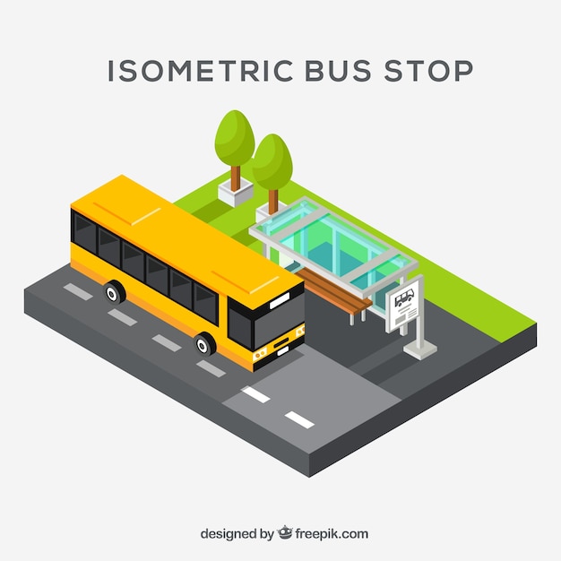 Isometric view of bus and bus stop with flat design