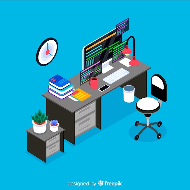 Free Vector isometric view of modern office desk with flat design