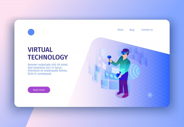 Isometric virtual reality concept landing page with images clickable links read more button