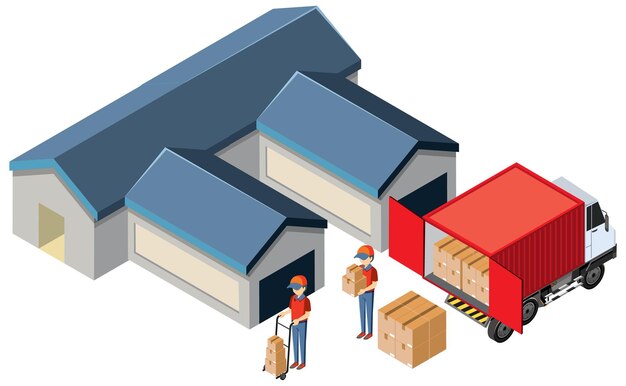 Isometric warehouse building with delivery truck