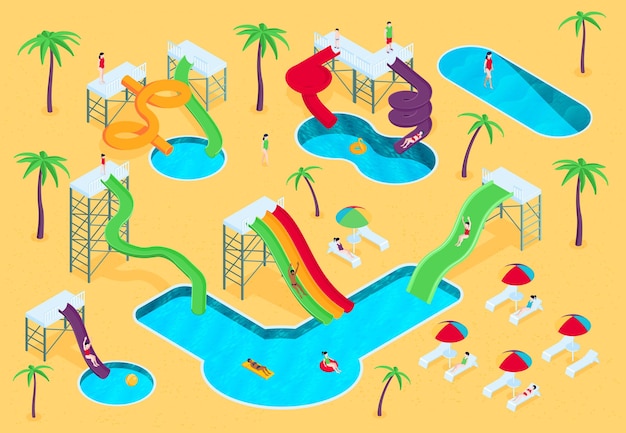 Isometric water aqua park composition with outdoor view of beach with palms