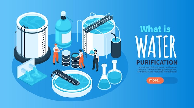 Free Vector isometric water purification technology horizontal banner with text more button and tanks with liquid and workers vector illustration