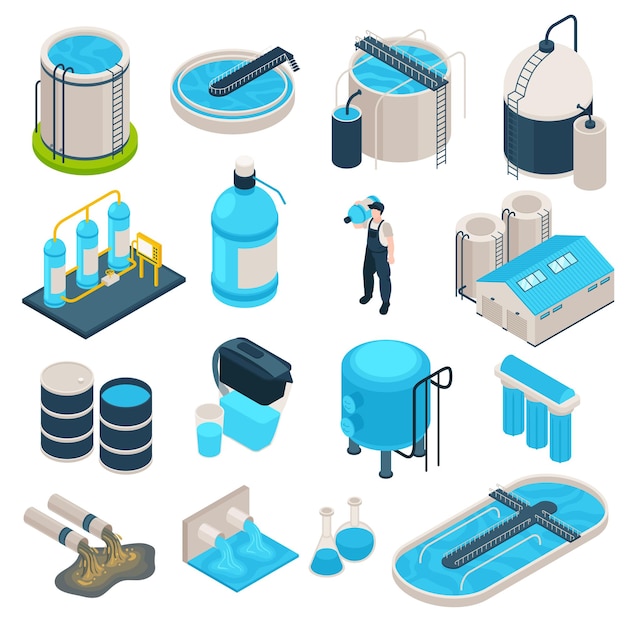 Free Vector isometric water purification technology set of isolated icons with barrels lab flasks aeration pools and worker vector illustration