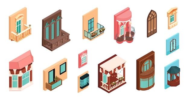 Free Vector isometric windows balconies house facade set with isolated icons of various architectural solutions on blank background vector illustration