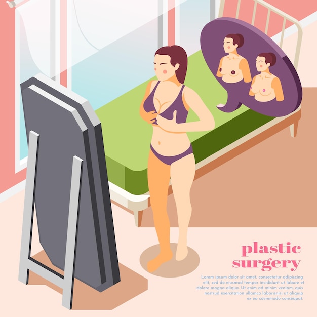 Isometric with woman looking at her breasts before plastic operation 3d