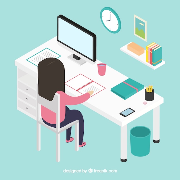 Free Vector isometric workspace wih flat design