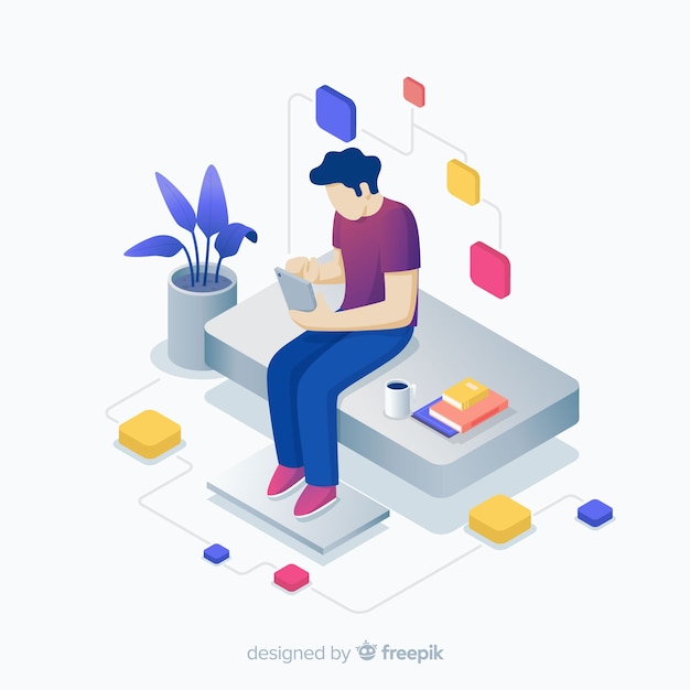 Free Vector isometric young sitting boy using technological devices background