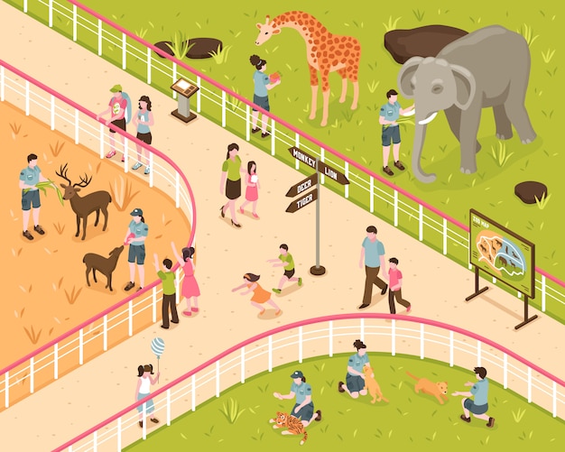 Isometric zoo composition with human characters of kids and adults with wild animals behind park fence 