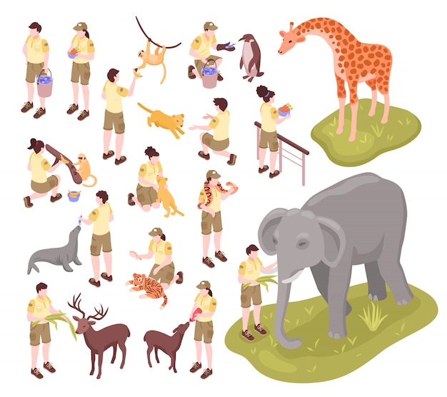 Isometric zoo workers set of human characters of zoo keepers and animals on blank background 