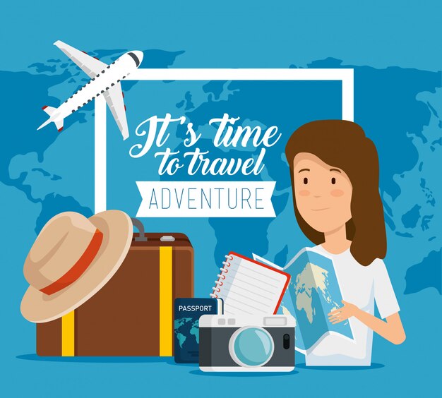 It's time to travel. Woman with global global and travel baggage