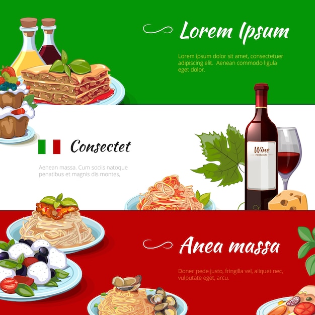 Free vector italian food horizontal banners set. cuisine and pasta, italy, nutrition cheese macaroni, culinary traditional culture, vector illustration