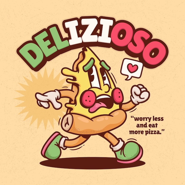 Free Vector italian pizza trendy retro cartoon vector hand drawn