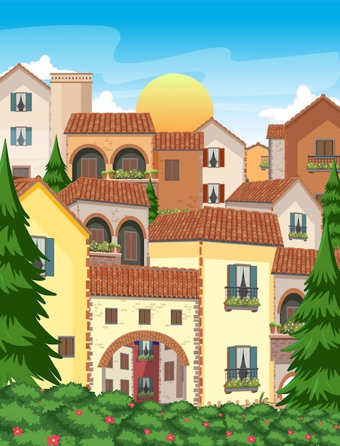 Free vector italy town style house and building landscape