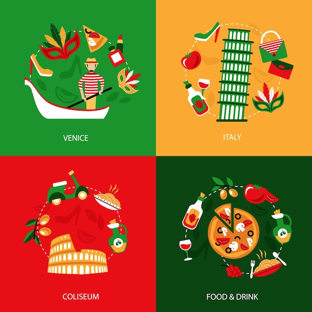 Free Vector italy venice coliseum food and drink decorative elements set isolated vector illustration