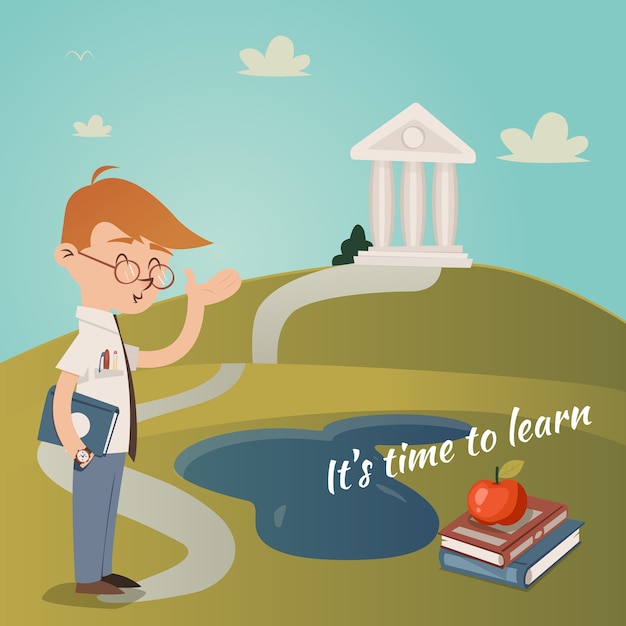 Its Time To Learn vector illustration with a school teacher with books under his arm pointing the way up a footpath to a college building on a hilltop in an education concept