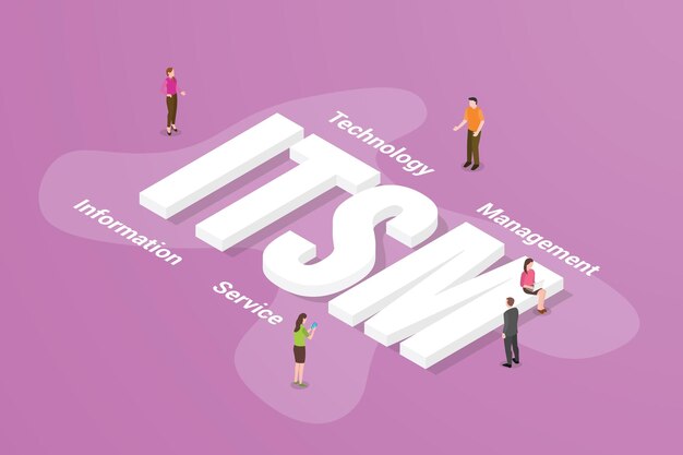 Itsm information technology service management big text word and people around with modern isometric style