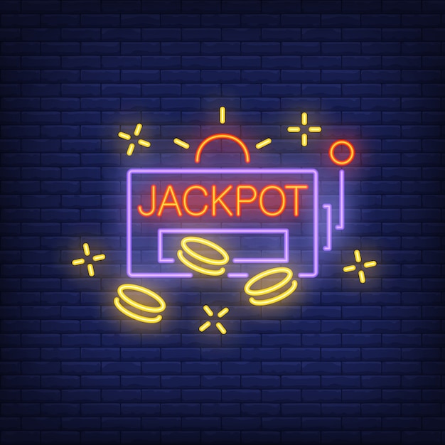 Jackpot neon sign. Slot machine shape with chips or coins on brick wall background