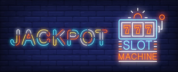 Free vector jackpot winner neon sign. triple sevens on slot machine on brick wall background.