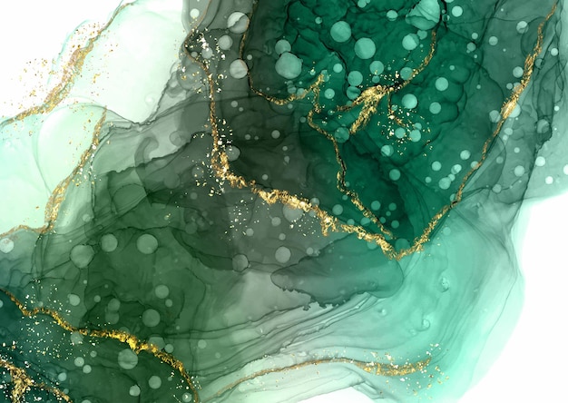 Free Vector jade green hand painted alcohol ink background with gold glitter elements