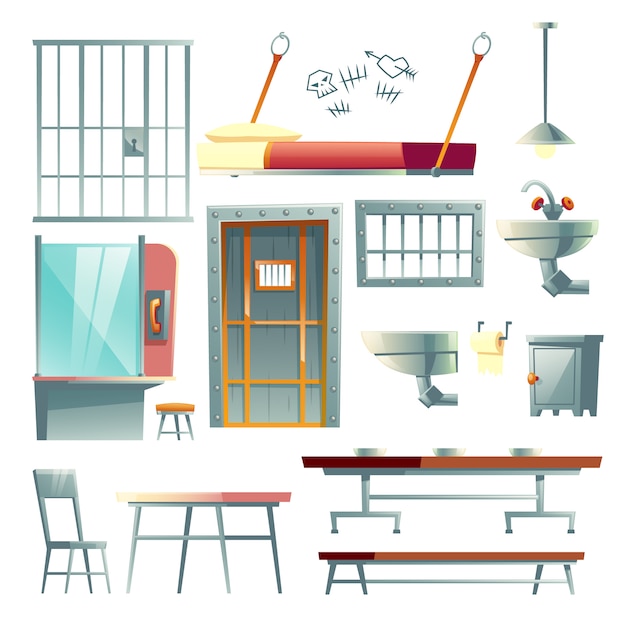 Jail cell, prison dining and visiting room furniture, interior design elements cartoon 