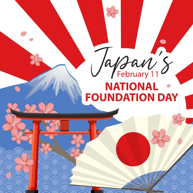 Japan's National Foundation Day banner with Mount Fuji and Torii gate