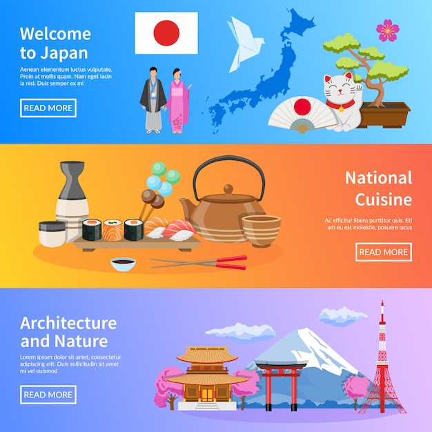 Japanese Culture Landmarks Flat Banners Set