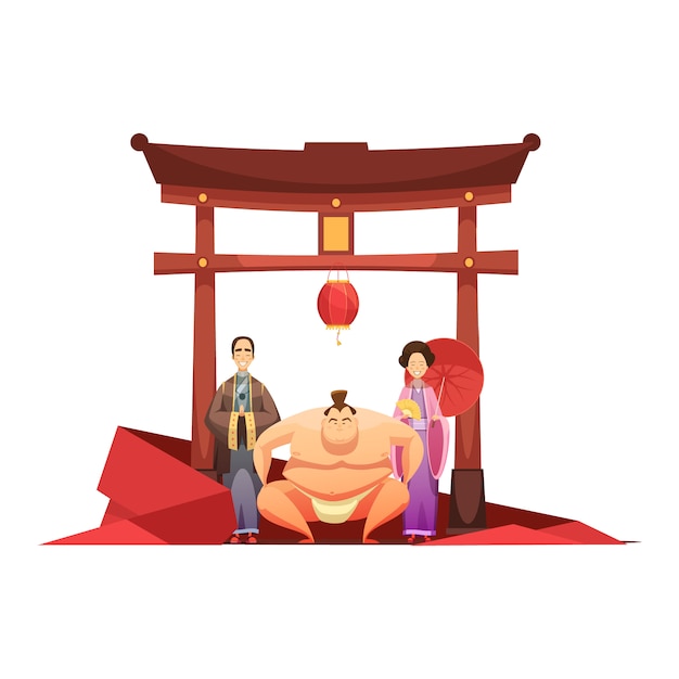 Free Vector japanese culture retro composition with pagoda sumo wrestler and in kimono dressed couple