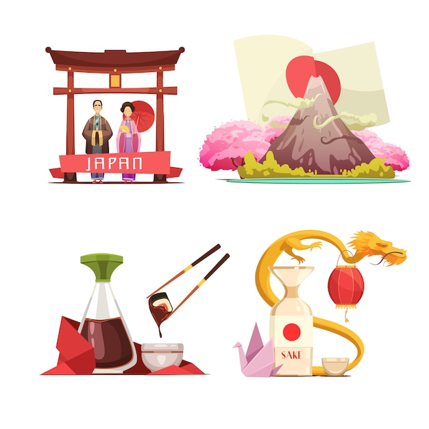 Free Vector japanese culture traditions for travelers 4 retro cartoon square composition with sushi and sake iso