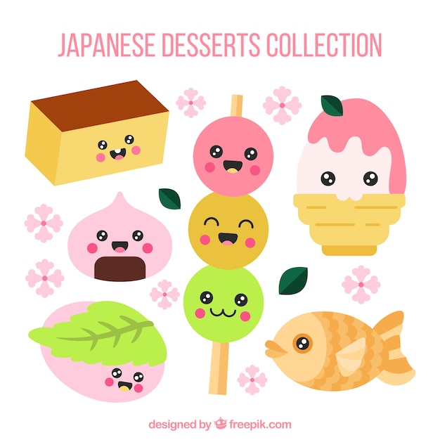 Japanese desserts collection in hand drawn style