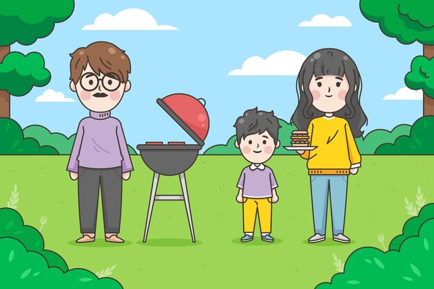 Japanese family enjoying a barbeque outdoors