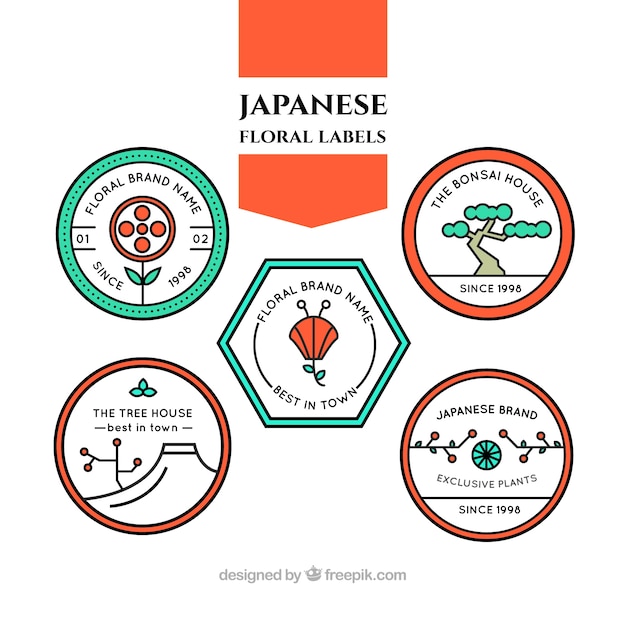 Japanese floral labels in linear style 