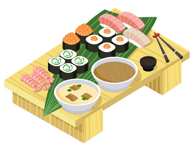 Free Vector japanese food in isometric view. sushi and rolls on wooden stand.