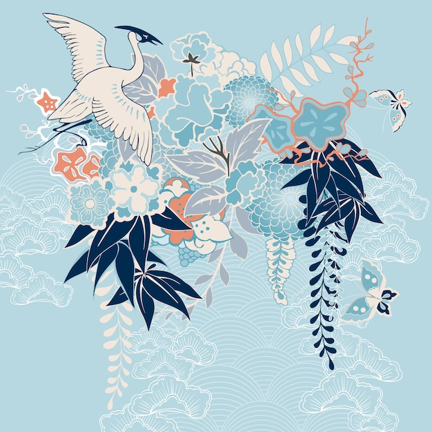 Japanese kimono motif with crane and flowers