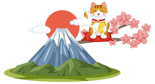 Japanese lucky cat maneki neko with Mount Fuji