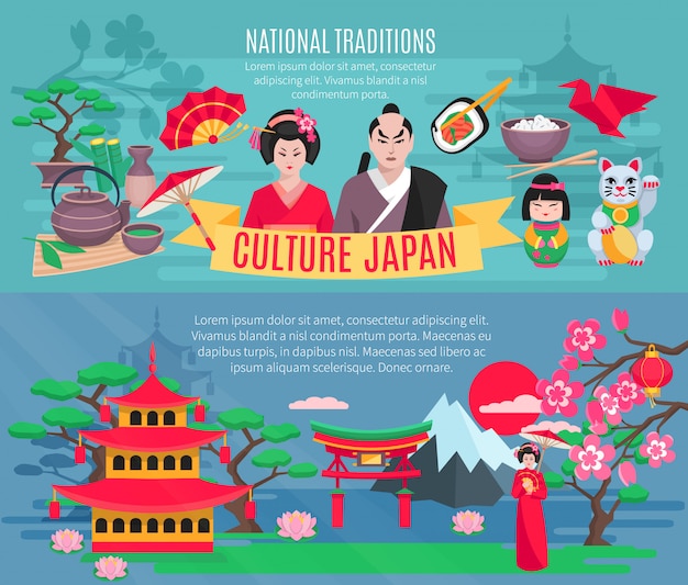 Japanese national symbols traditions and culture information for tourists flat horizontal banners